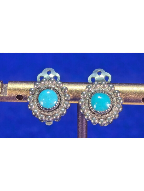 Jewelry - Vintage Southwestern Sterling Silver Turquoise Clip On Earrings Round Bead Edge